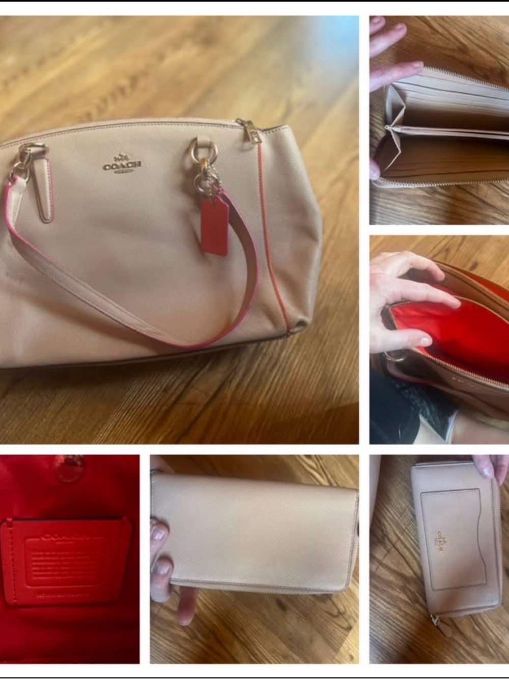 Coach Beige Leather Shoulder Bag with Red Interior and Tag